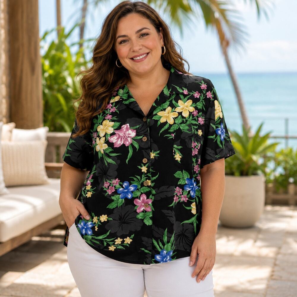 Tahiti Reef Club Women’s 2X Black Tropical Floral Rayon Button Front Shirt